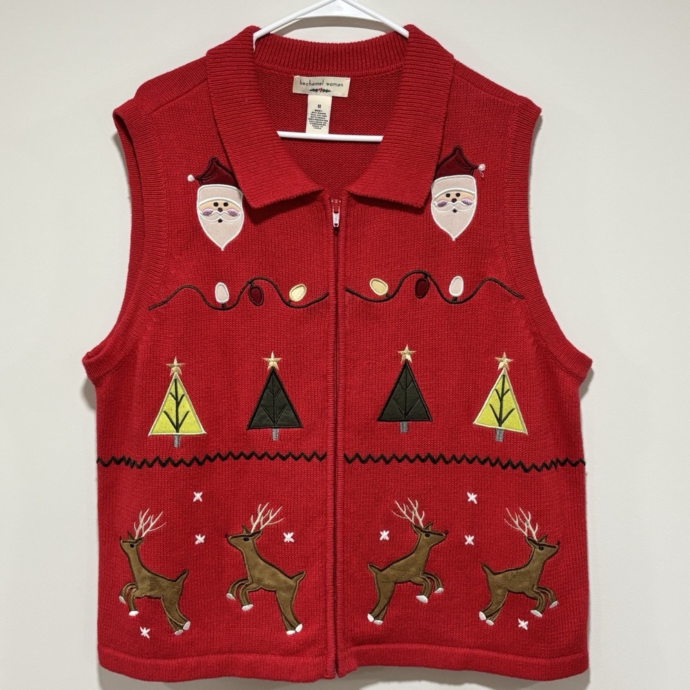 Bechamel Ugly Christmas Sweater Vest Womens Size 1X Embroidered‎ Zip-Up Collared